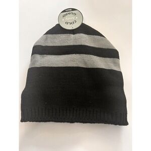 Amity‎ Cold Guard Black Gray Striped Thermal Knit Hat Beanie Faux Fur Lined NEW
